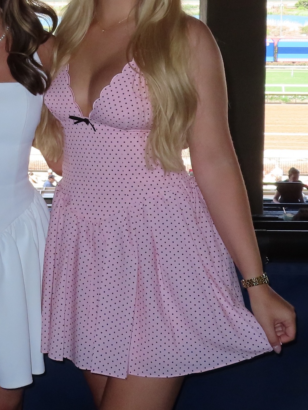 Oh Polly Pink Sabina Polka Dot Scalloped V-Neck Mini Dress - Picture 2 of 3